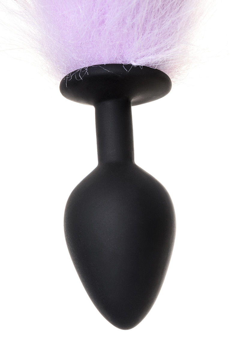 Анальная пробка из силикона, чёрная, с бело-фиолетовым хвостом, M, арт. 21.649