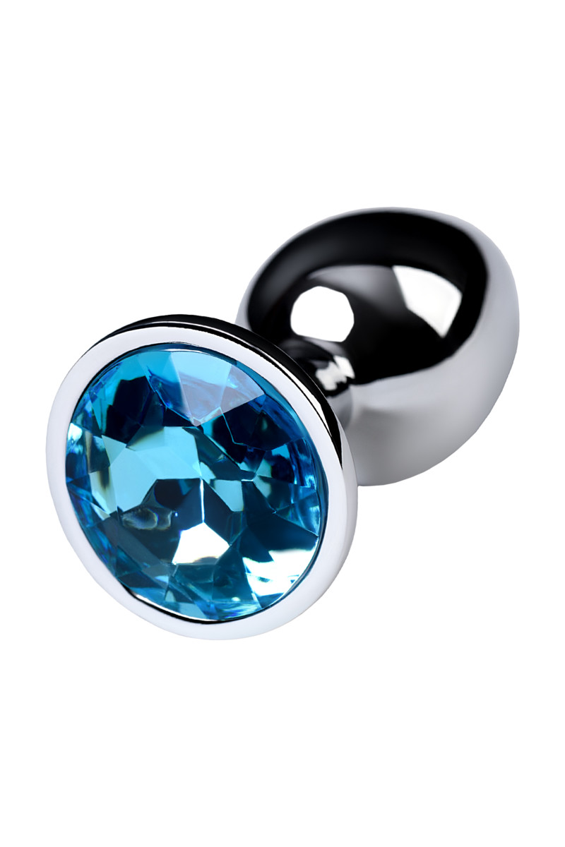 Анальная пробка из металла, серебристая, с круглым голубым стразом, арт. 21.846