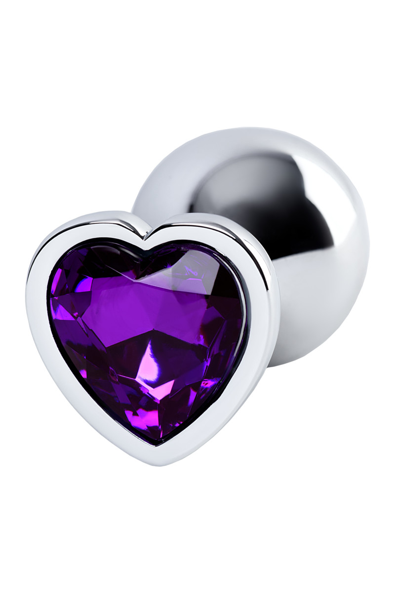 Анальная пробка из металла, серебристая, с фиолетовым стразом в виде сердечка, арт. 21.851